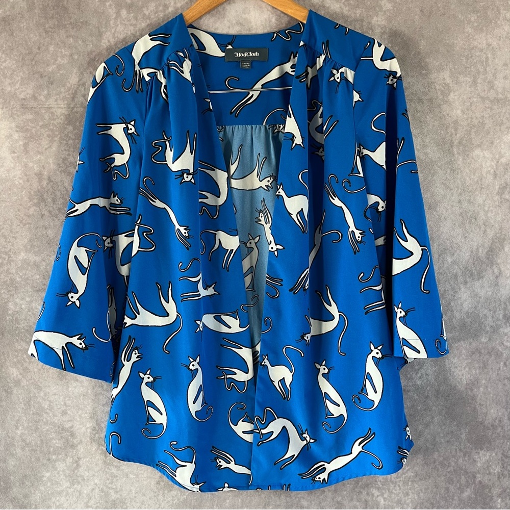 Modcloth Top Womens XXS / XS Blue & White Kimono Cat Print Breezy Bliss Preppy